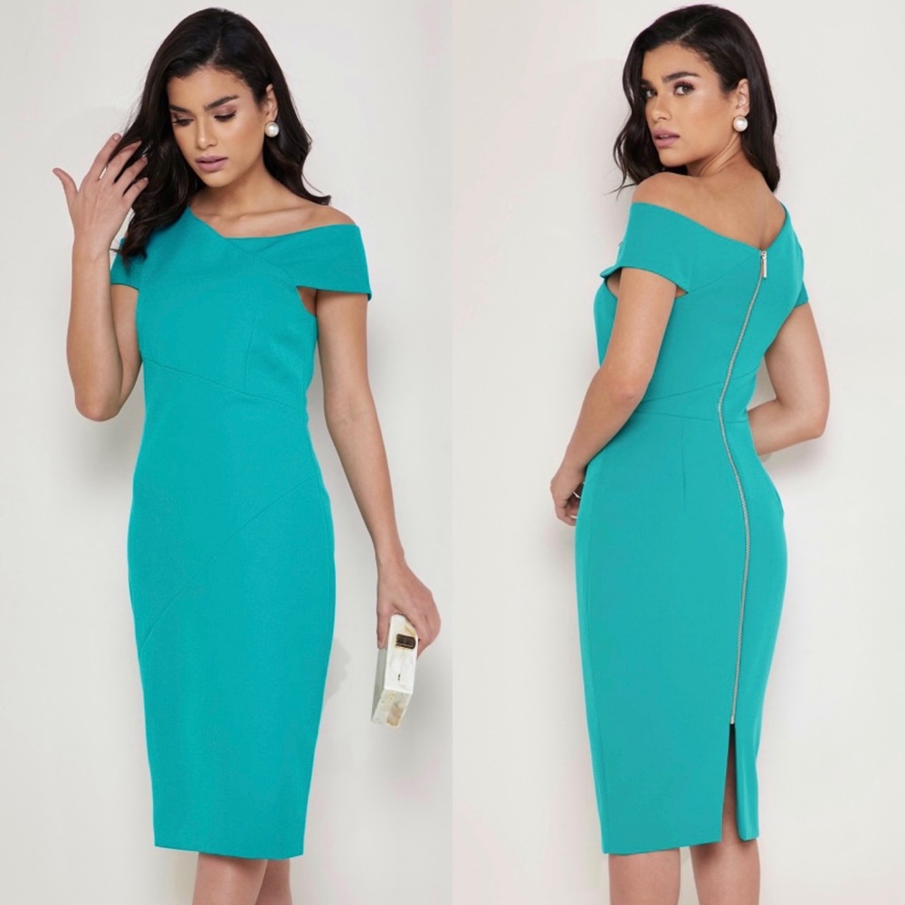 Ted Baker London Yandal Asymmetrical Shoulder Cutout Bodycon Dress in Turquoise